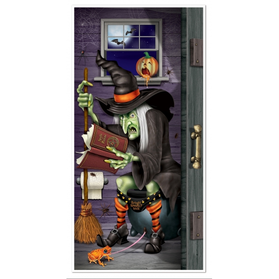 Image of Halloween deurposter heks op toilet