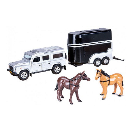 Image of Kinderspeelgoed zilveren auto Land Rover met paardentrailer