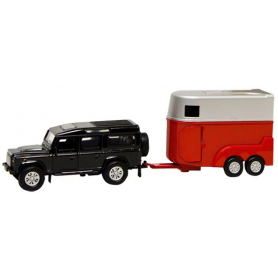 Image of Kinderspeelgoed zwarte auto Land Rover met paardentrailer
