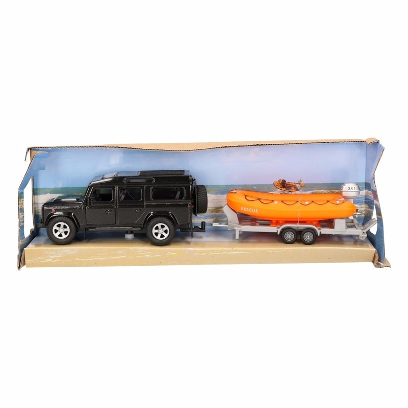 Image of Kinderspeelgoed zwarte auto Land Rover met reddingsboot