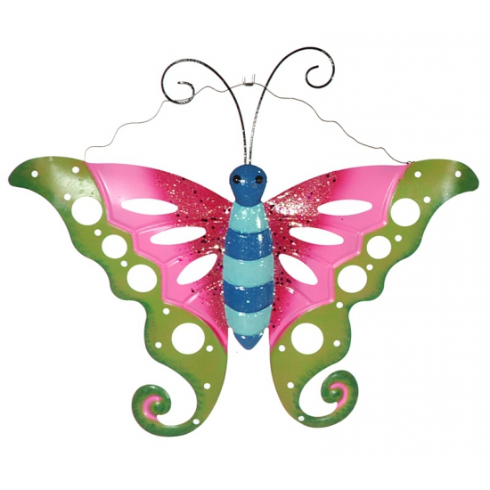 Image of Metalen deco vlinder groen/roze voor in de tuin 41 cm