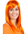 Oranje pruik met lang stijl haar.Oranje pruiken