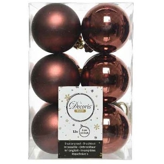 12x Mahonie bruine kerstballen 6 cm kunststof mat-glans