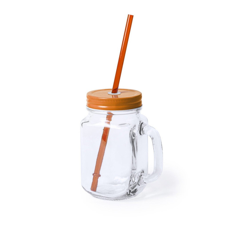 1x stuks glazen Mason Jar drinkbekers oranje dop/rietje 500 ml
