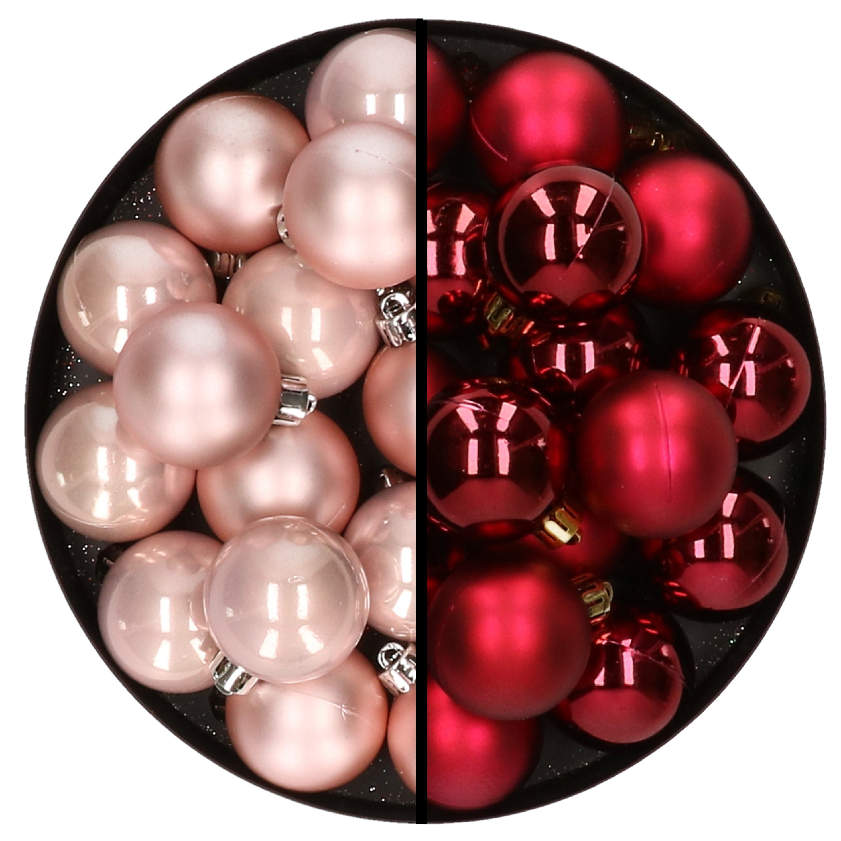 32x stuks kunststof kerstballen mix van lichtroze en donkerrood 4 cm