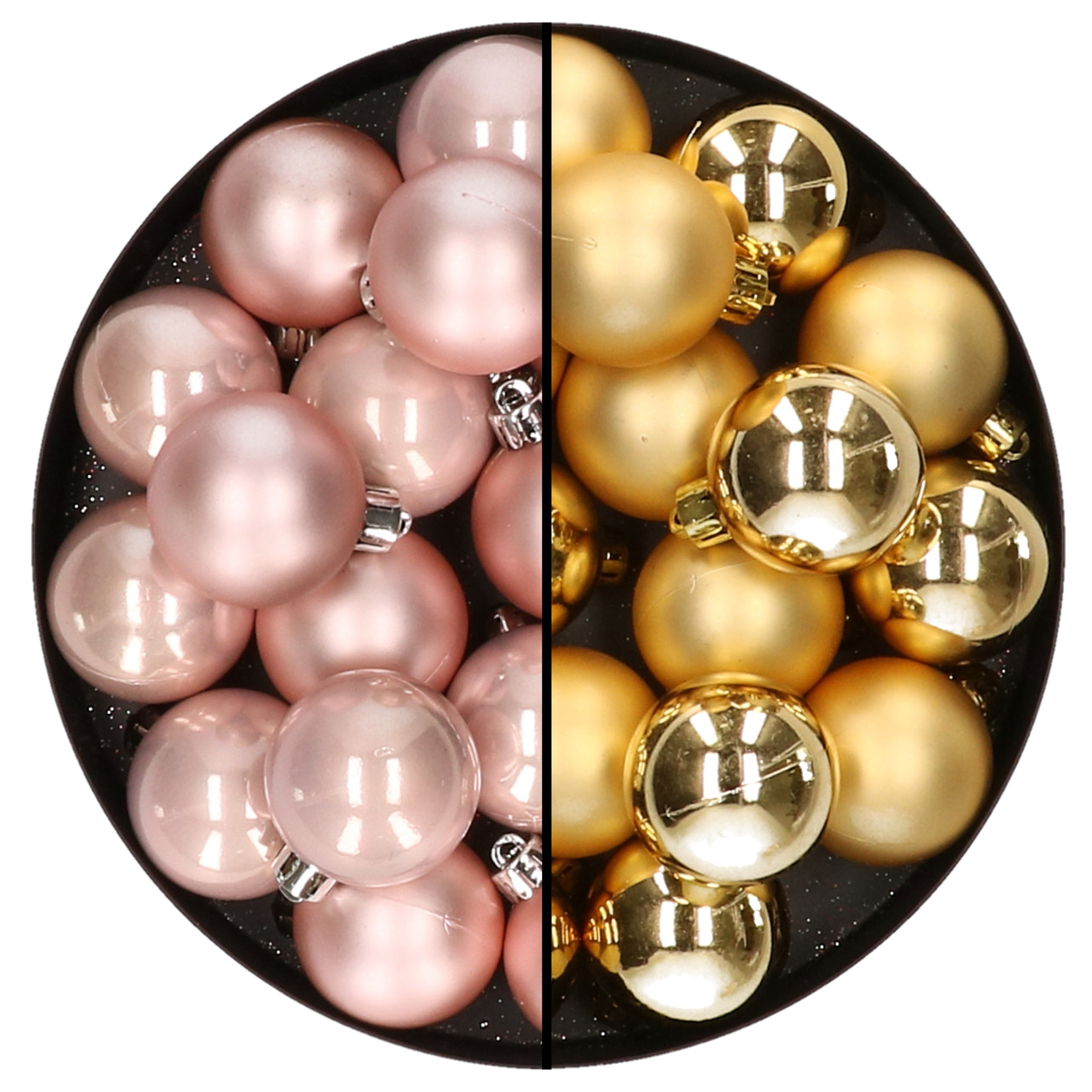 32x stuks kunststof kerstballen mix van lichtroze en goud 4 cm