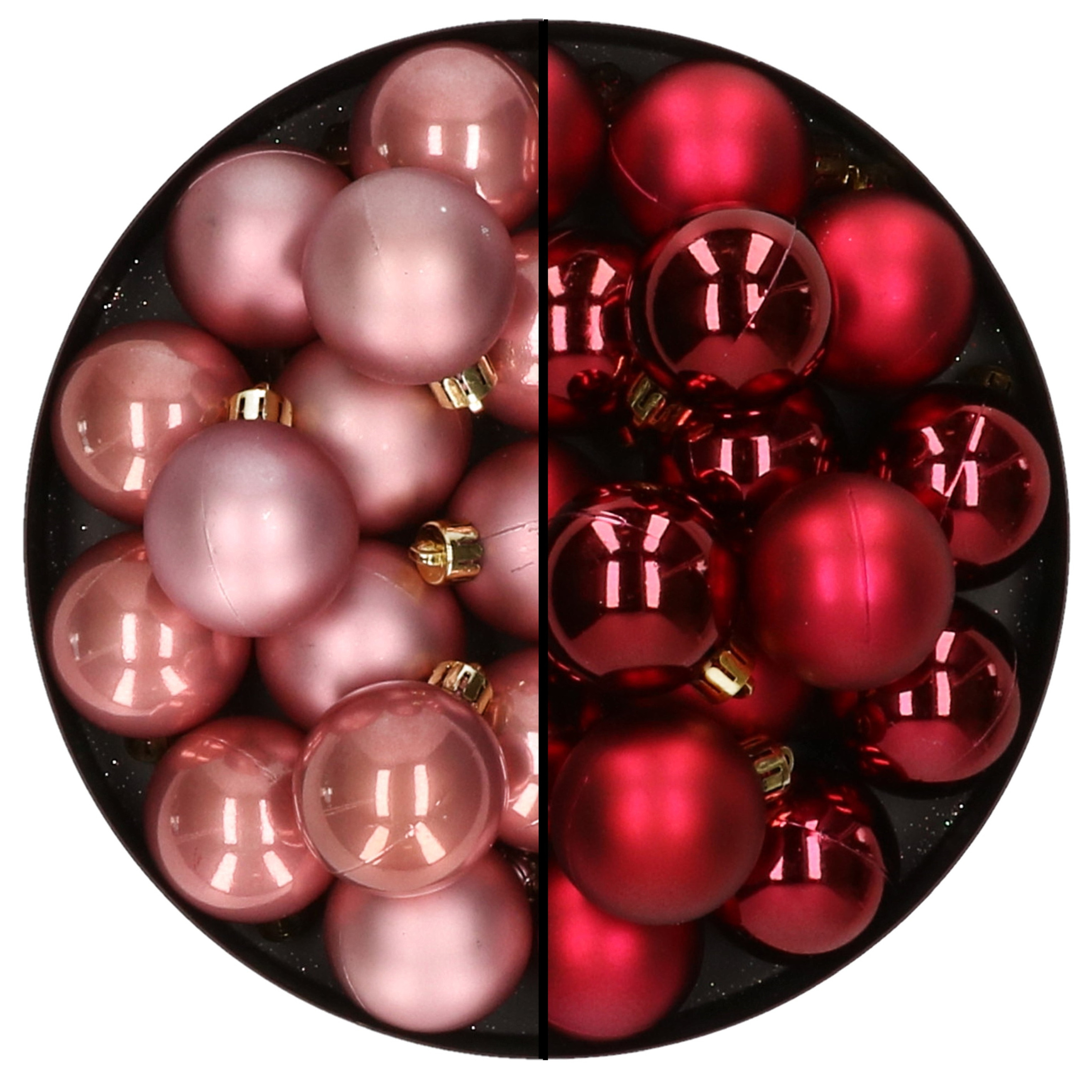 32x stuks kunststof kerstballen mix van oudroze en donkerrood 4 cm