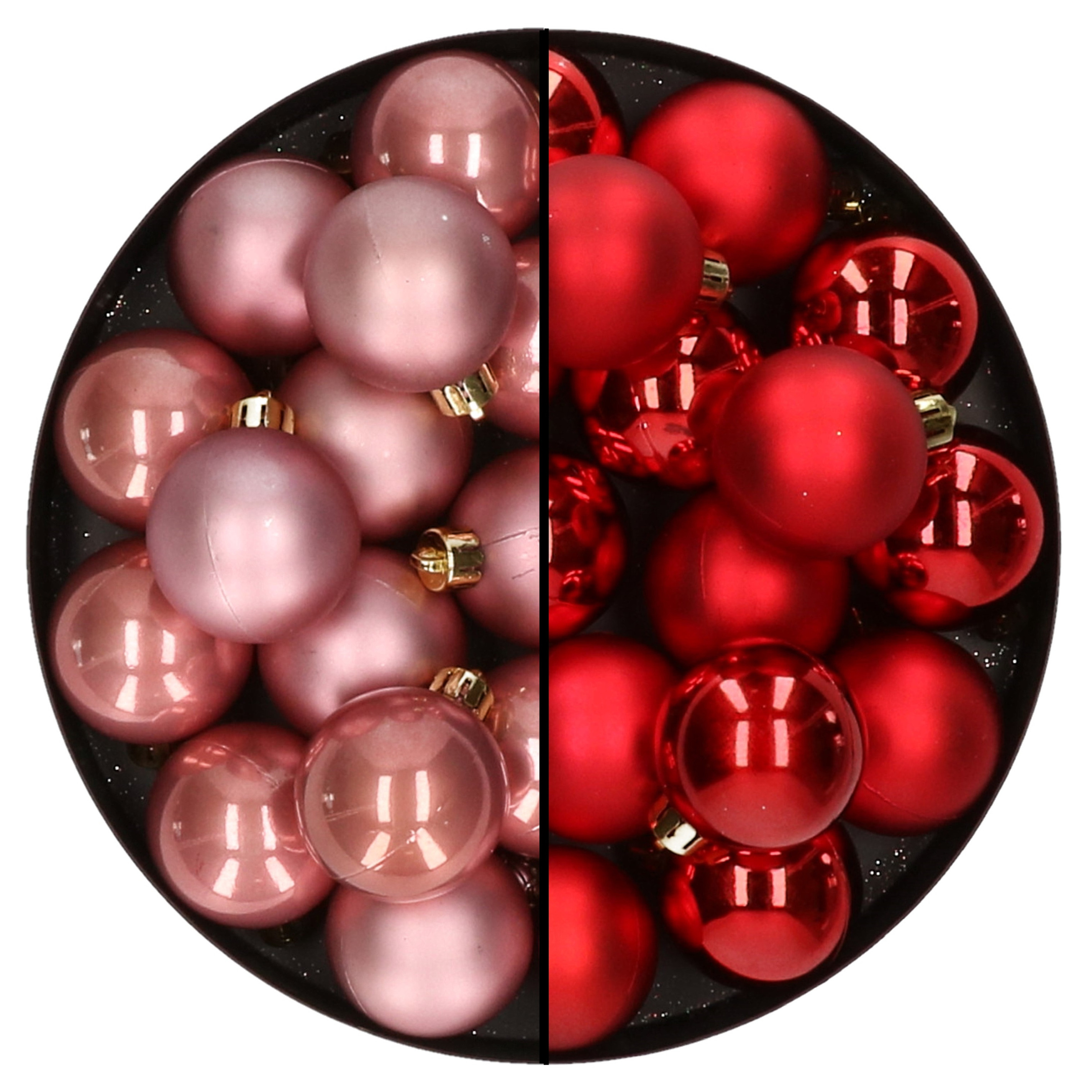 32x stuks kunststof kerstballen mix van oudroze en rood 4 cm