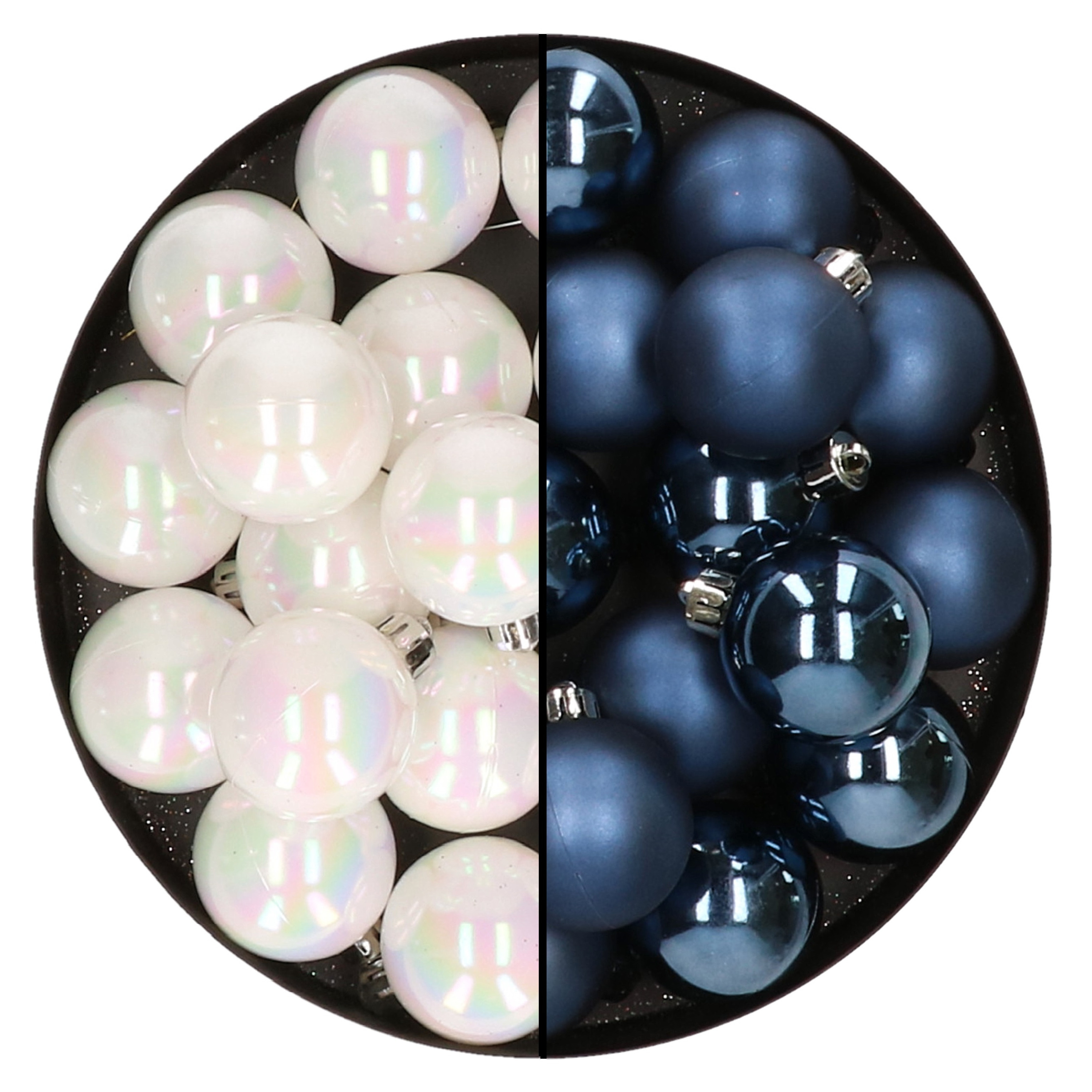 32x stuks kunststof kerstballen mix van parelmoer wit en donkerblauw 4 cm