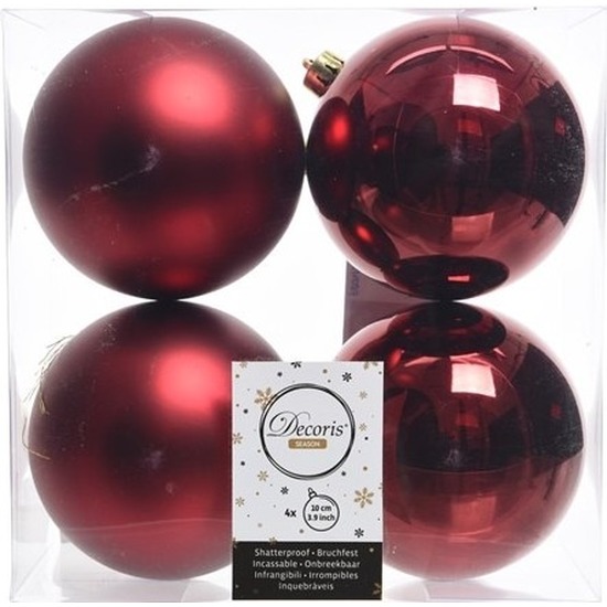 4x Donkerrode kerstballen 10 cm kunststof mat-glans