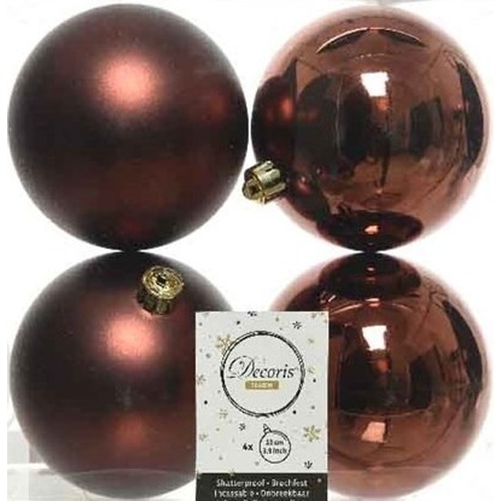 4x Mahonie bruine kerstballen 10 cm kunststof mat-glans