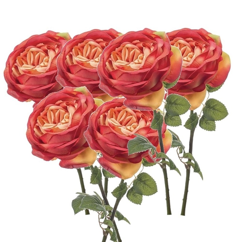 6x Oranje rozen kunstbloemen 66 cm