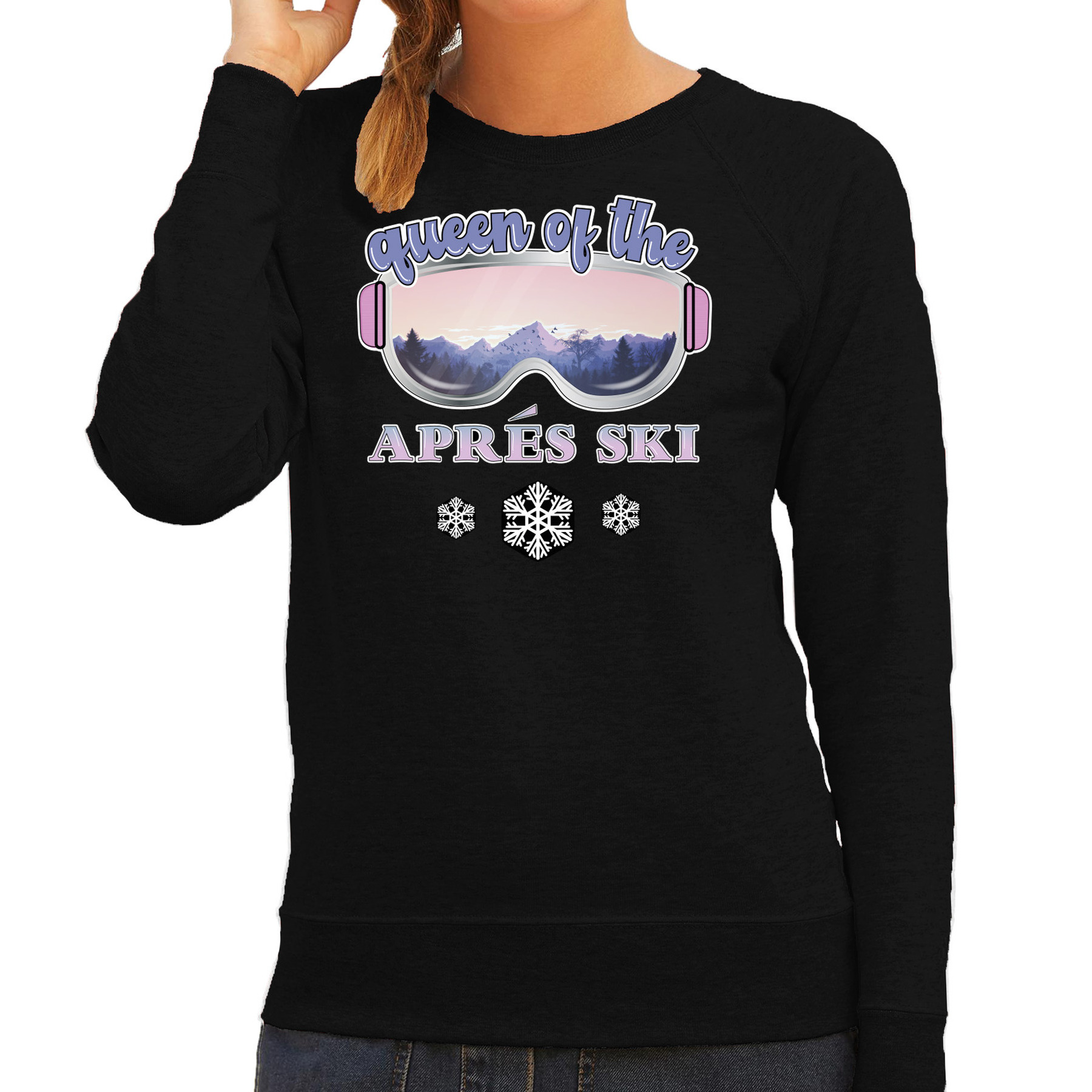 Apres ski sweater voor dames Queen of the apres ski zwart apres ski-wintersport skien