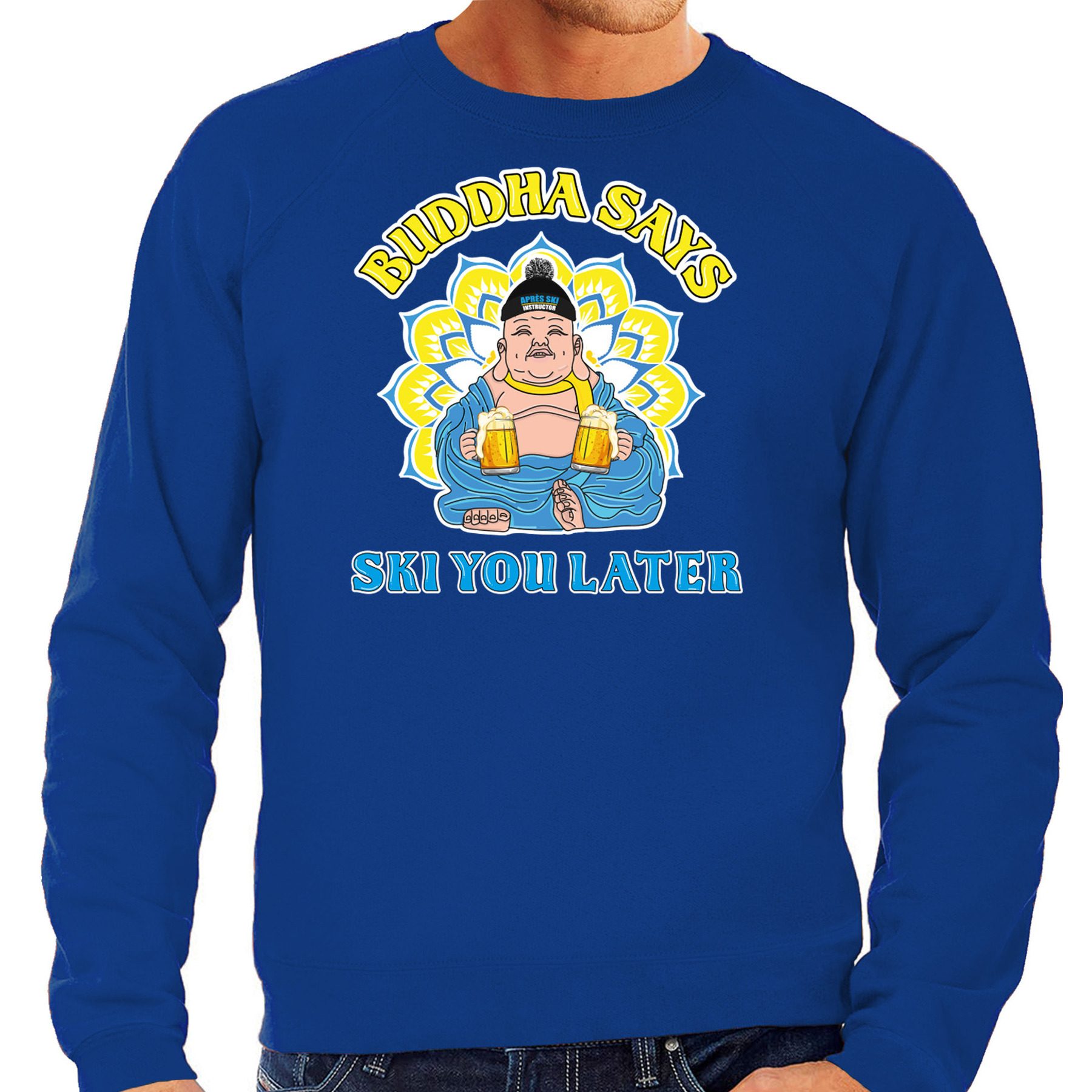 Apres ski sweater voor heren Buddha says ski you later blauw apresski-wintersport