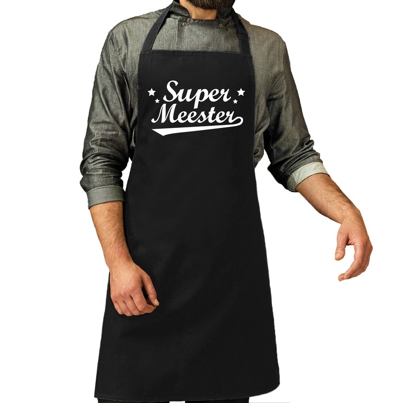 Cadeau schort voor heren Super meester zwart keukenschort barbecue dag van de leraar
