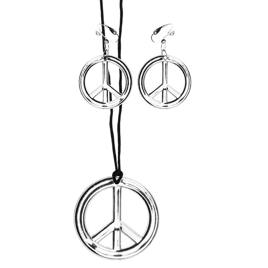 Carnaval-verkleed accessoires Hippie-sixties sieraden set ketting-oorbellen zilver