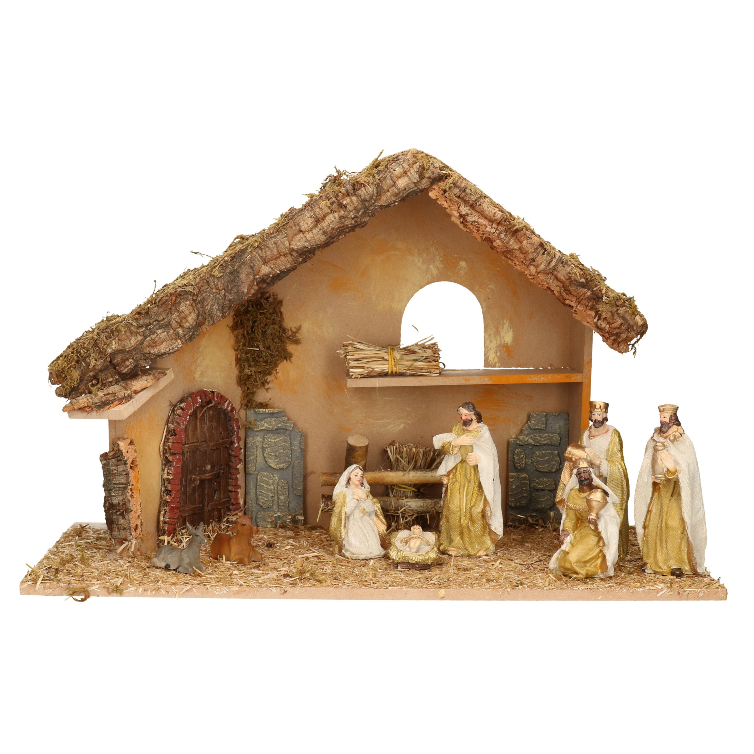 Complete kerststal met 8x st kerststal beelden 50 x 23 x 31 cm hout-polyresin