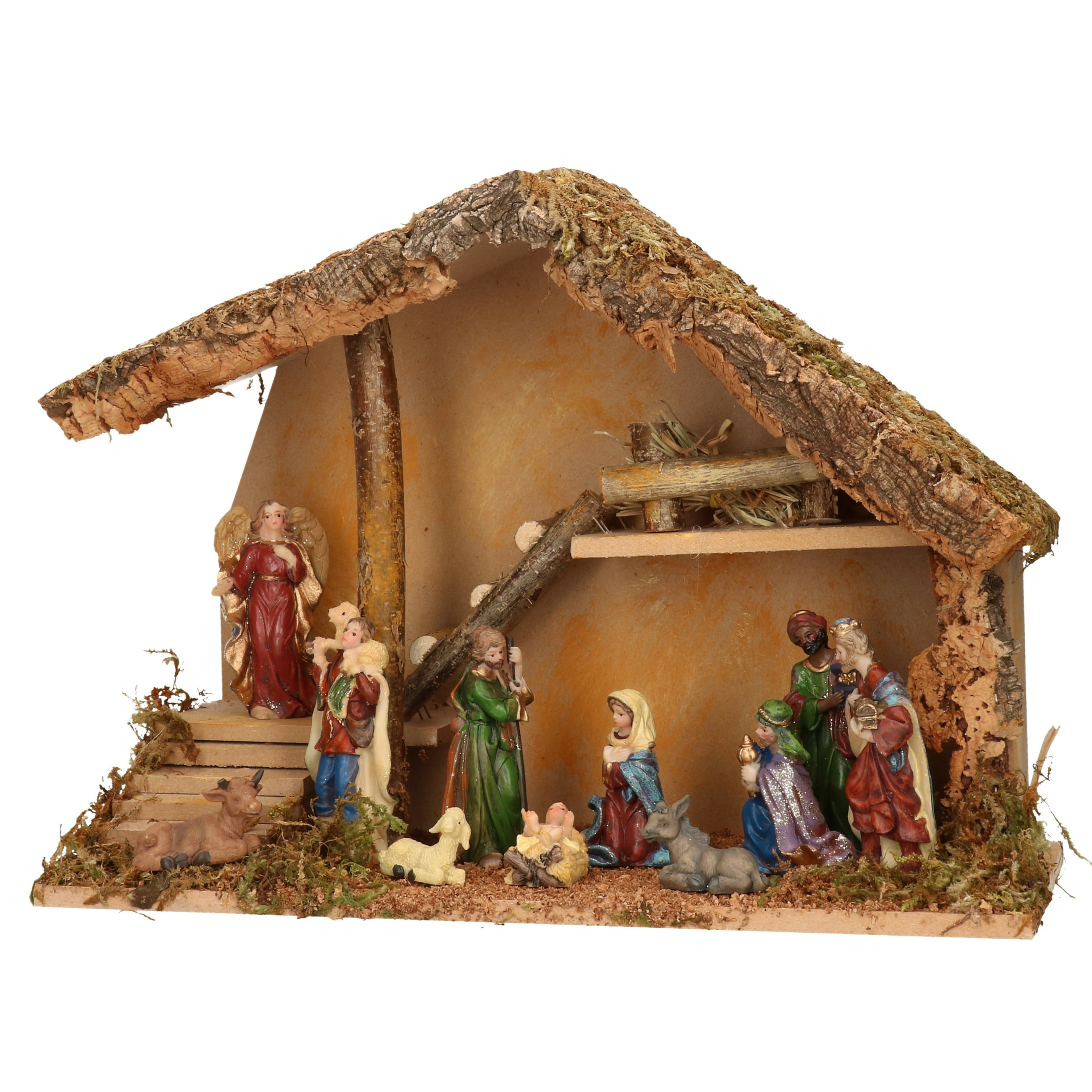 Complete kerststal met kerststal beelden 39 x 19 x 28 cm hout-mos-polyresin