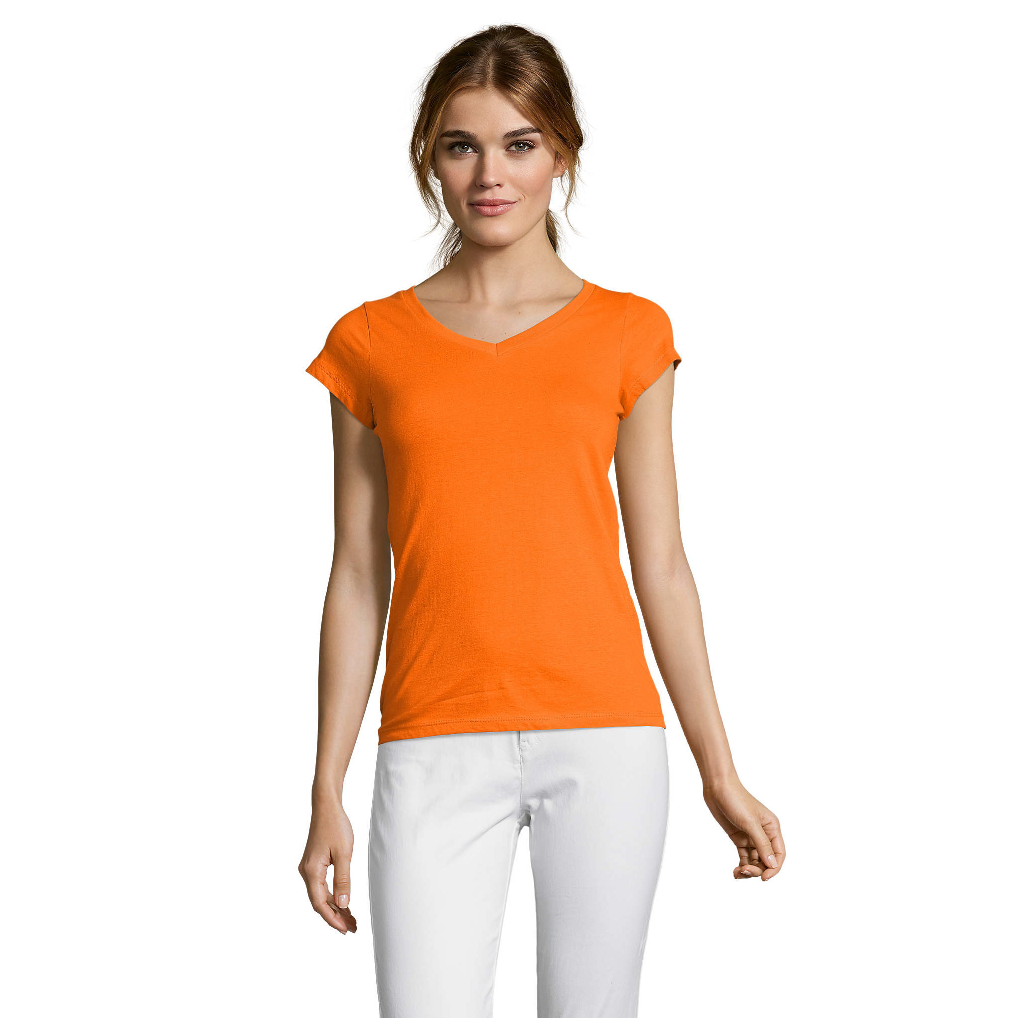 Dames t-shirt V-hals oranje 100% katoen slimfit