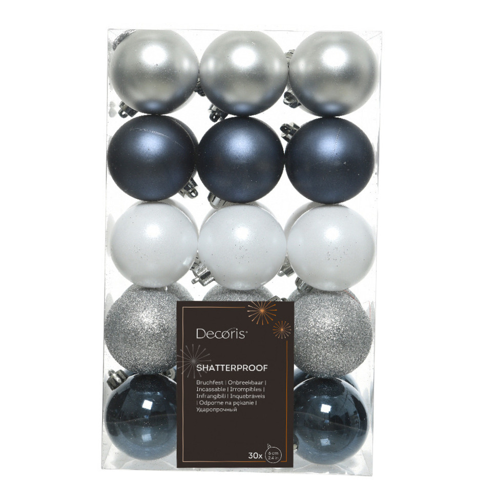 Decoris kerstballen 30x kunststof donkerblauw-wit-zilver 6 cm
