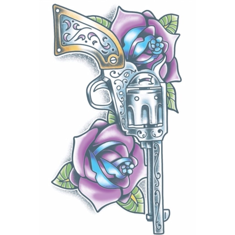 Dia de muertos tattoo revolver met paarse rozen