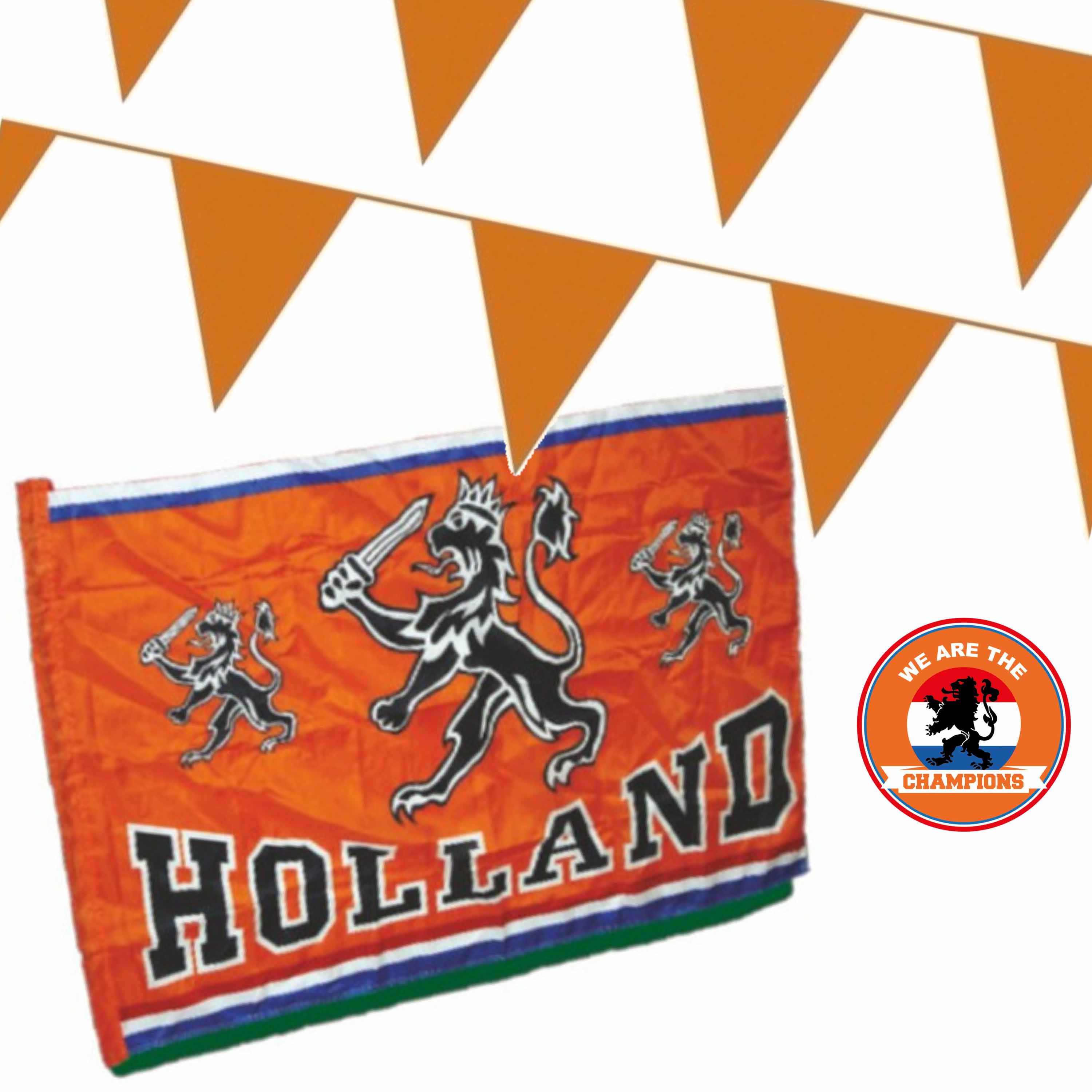 Ek oranje straat- huis versiering pakket met oa 1x Holland spandoek, 300 meter oranje vlaggenlijnen