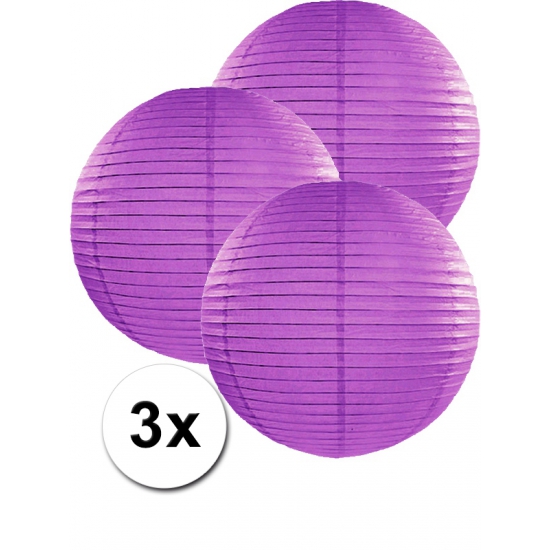 Feest versiering 3 ronde paarse lampionnen 35 cm