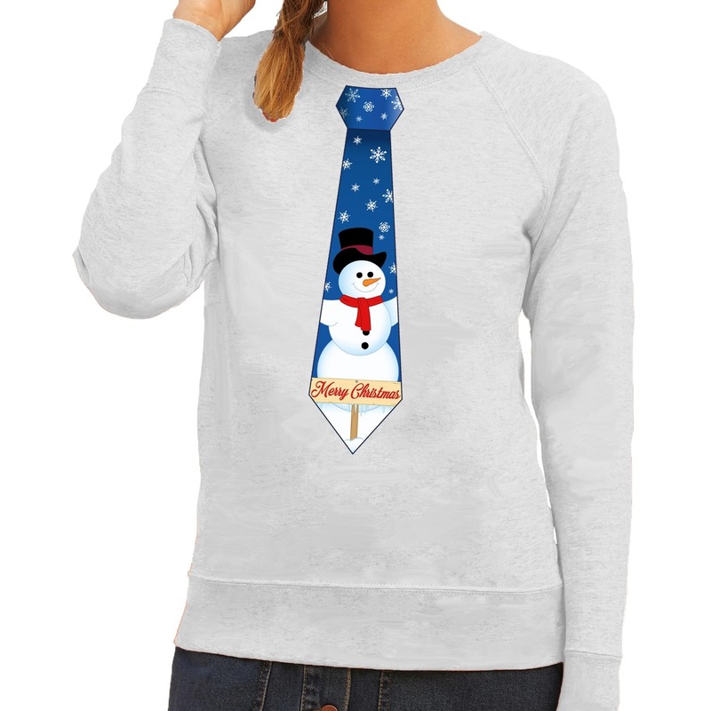Foute kersttrui stropdas met sneeuwpop print grijs voor dames