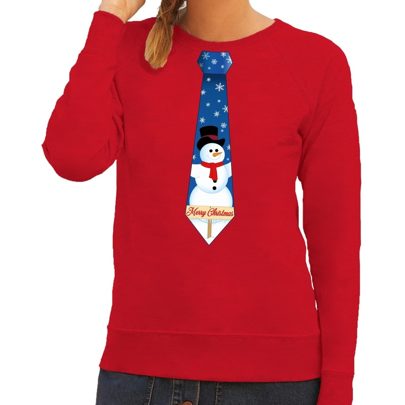 Foute kersttrui stropdas met sneeuwpop print rood voor dames