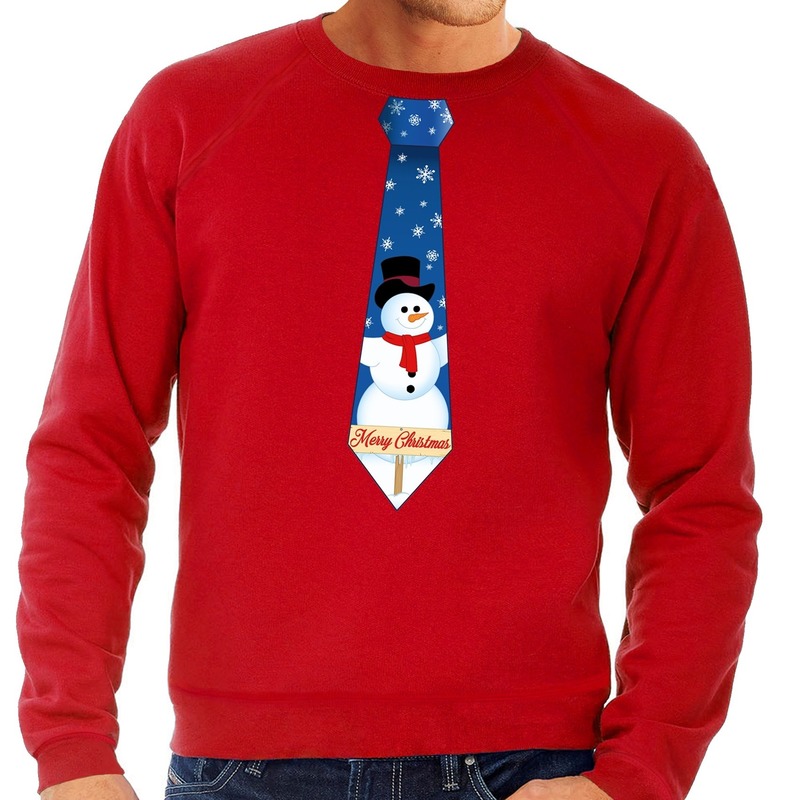 Foute kersttrui stropdas met sneeuwpop print rood voor heren