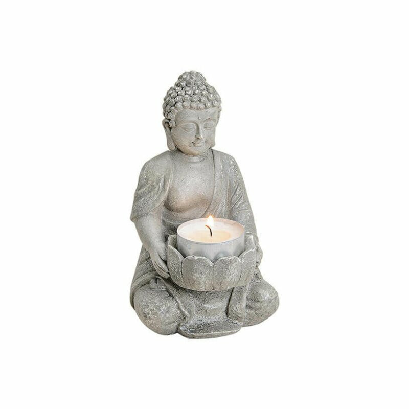 Grijs boeddha beeldje met waxine-theelicht houder 14 cm