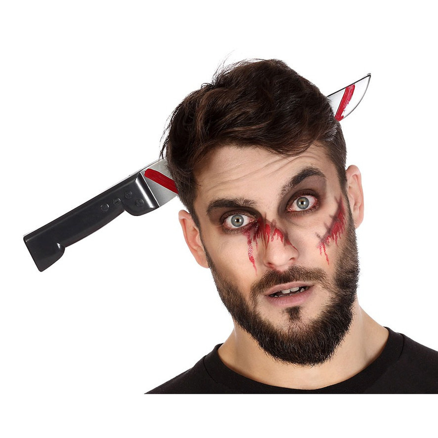 Halloween-horror verkleed hoofdband dikke pech vleesmes door je hoofd kunststof