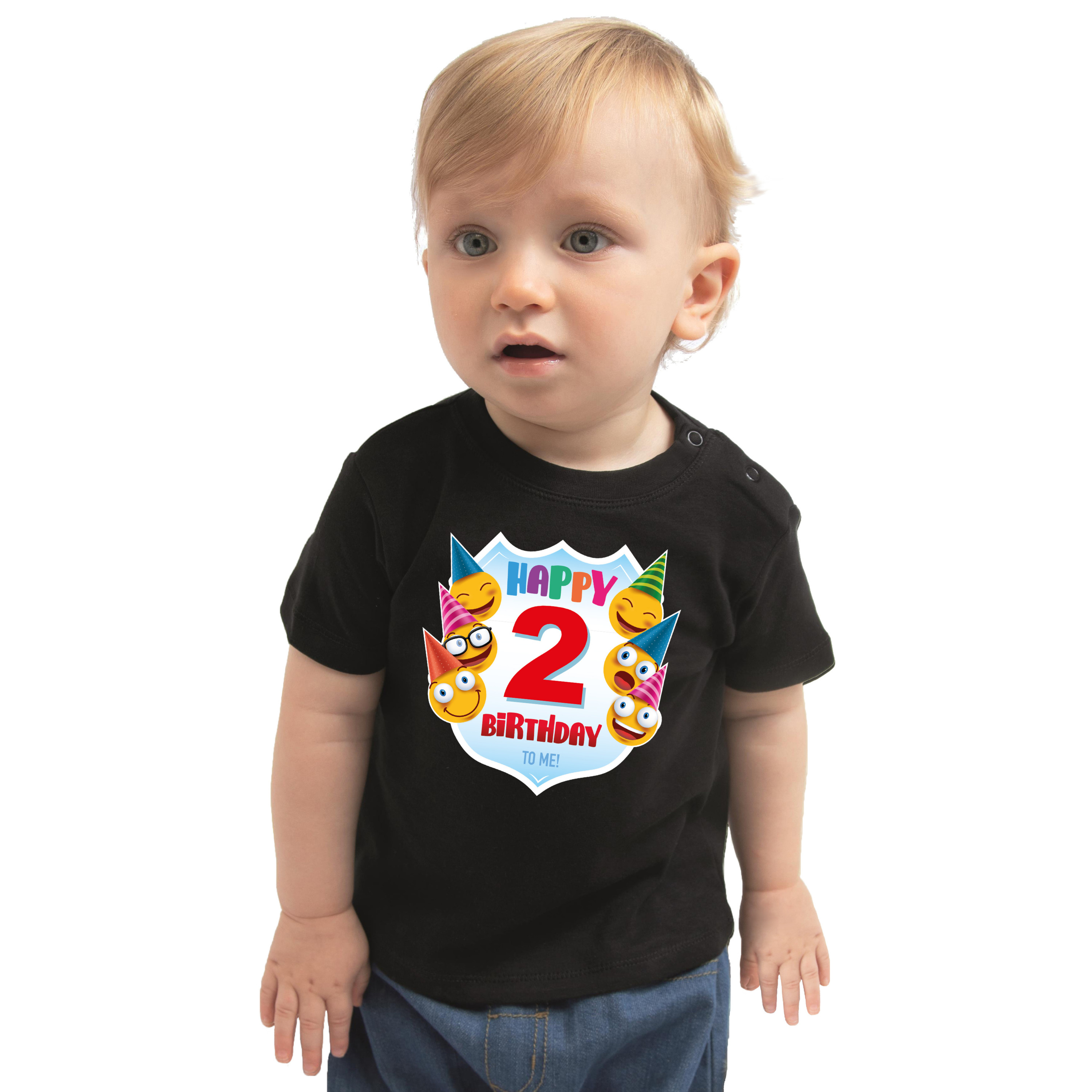 Happy birthday 2e verjaardag t-shirt-shirt 2 jaar met emoticons zwart voor baby