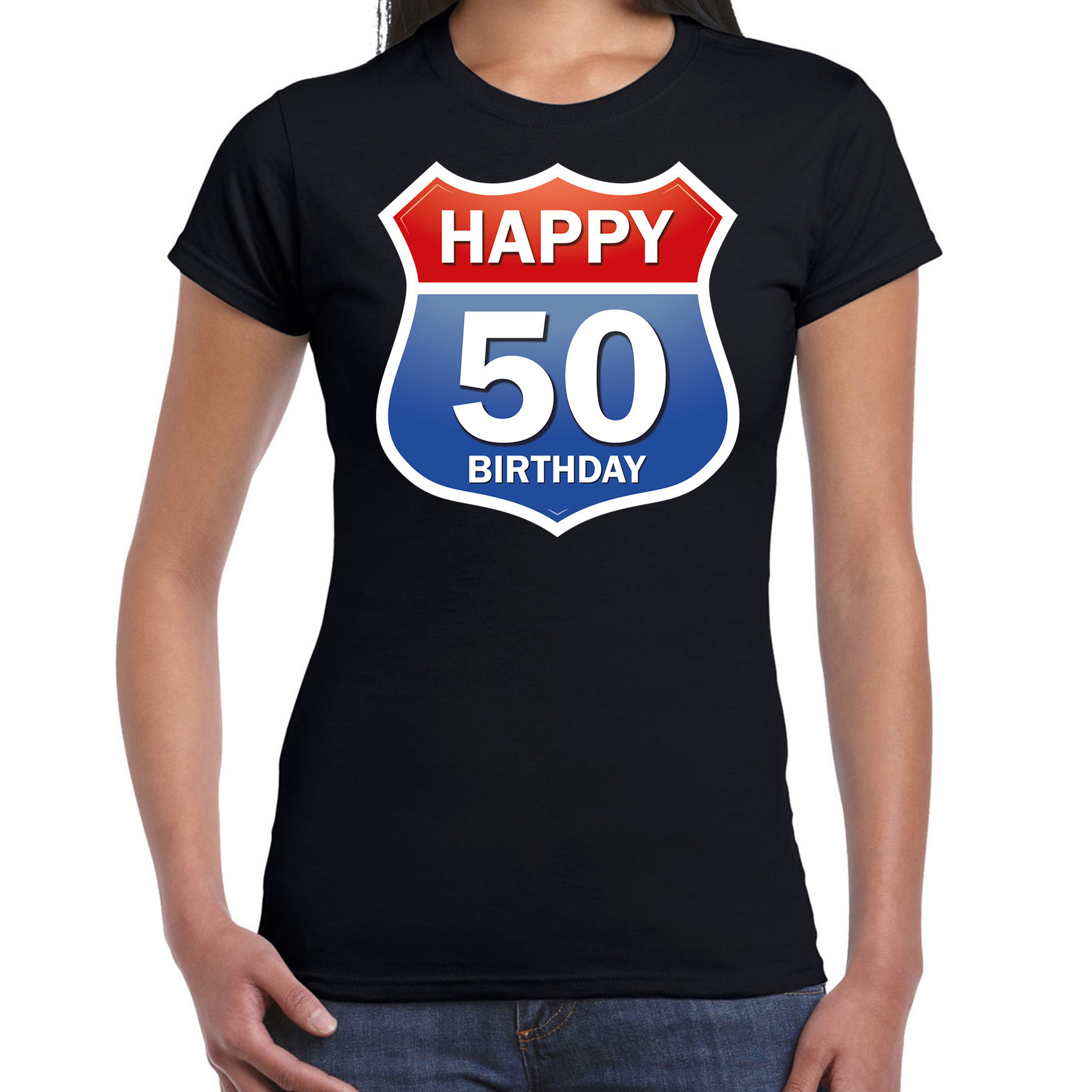 Happy birthday 50 jaar-Sarah verjaardag t-shirt route bordje zwart voor dames