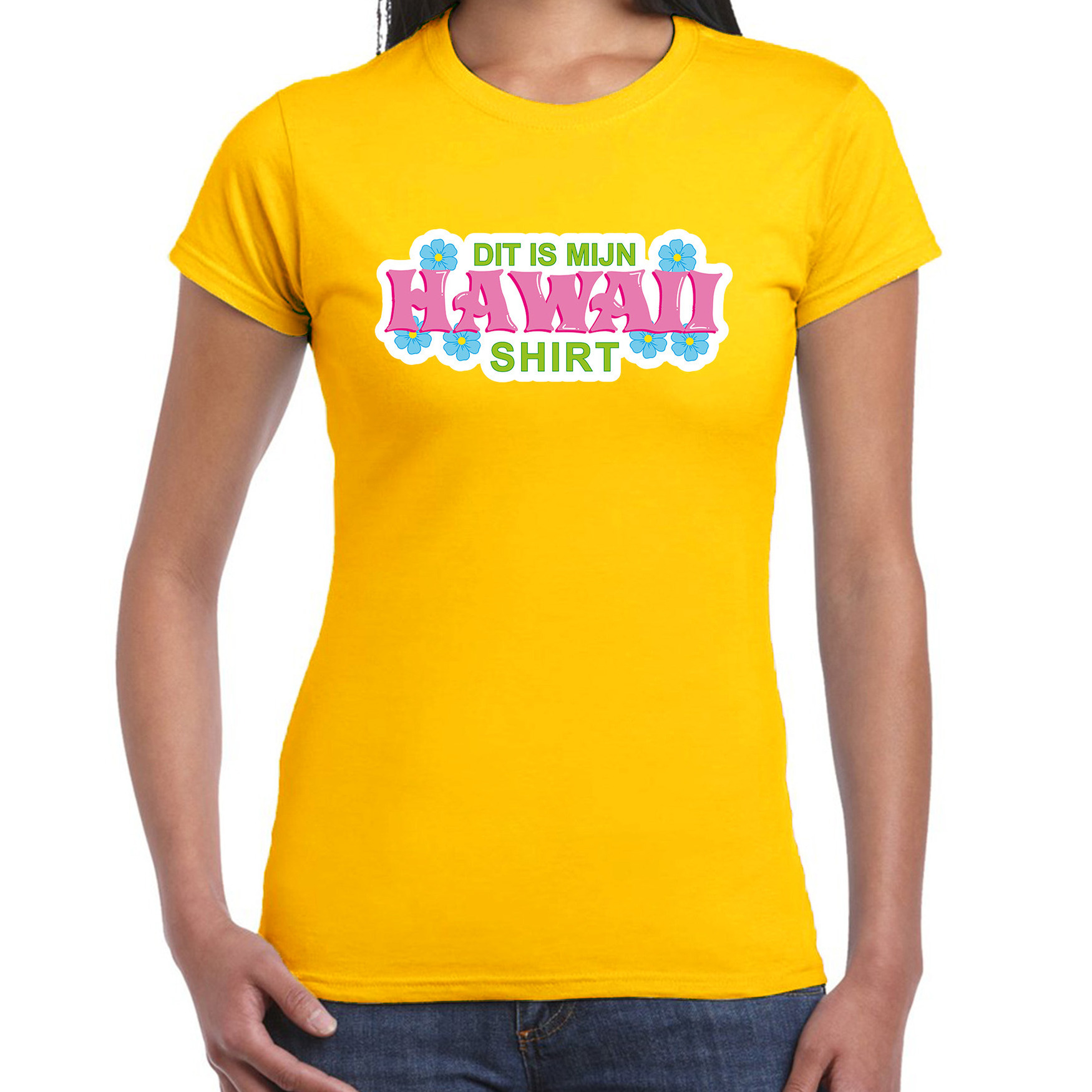 Hawaii shirt zomer t-shirt geel met roze letters voor dames