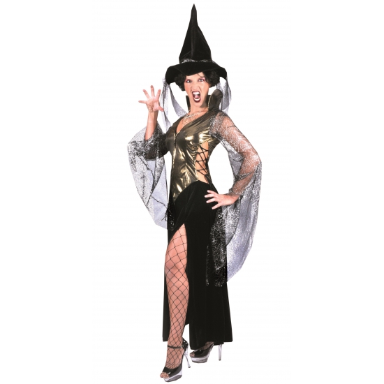 Heksen kostuum zwart-goud met hoed