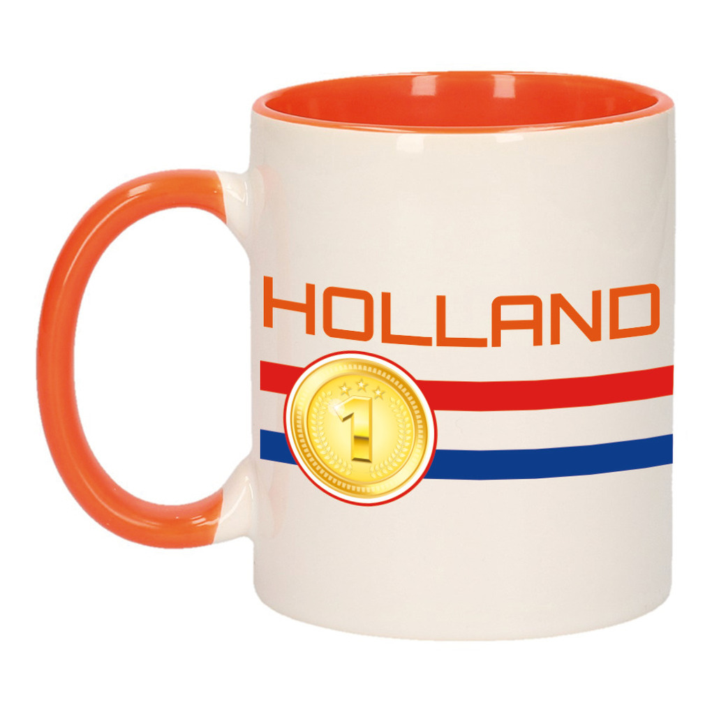 Holland vlag met medaille mok- beker oranje wit 300 ml