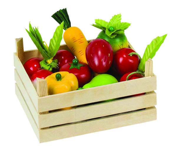 Houten groenten en fruit in kist