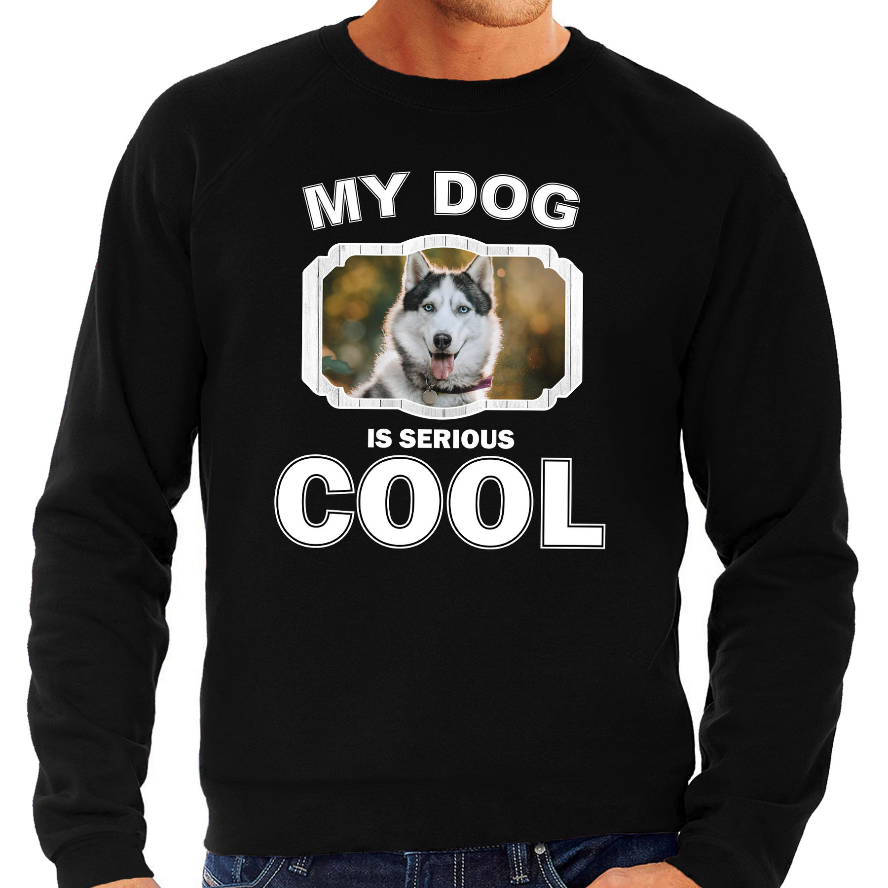 Husky honden sweater-trui my dog is serious cool zwart voor heren