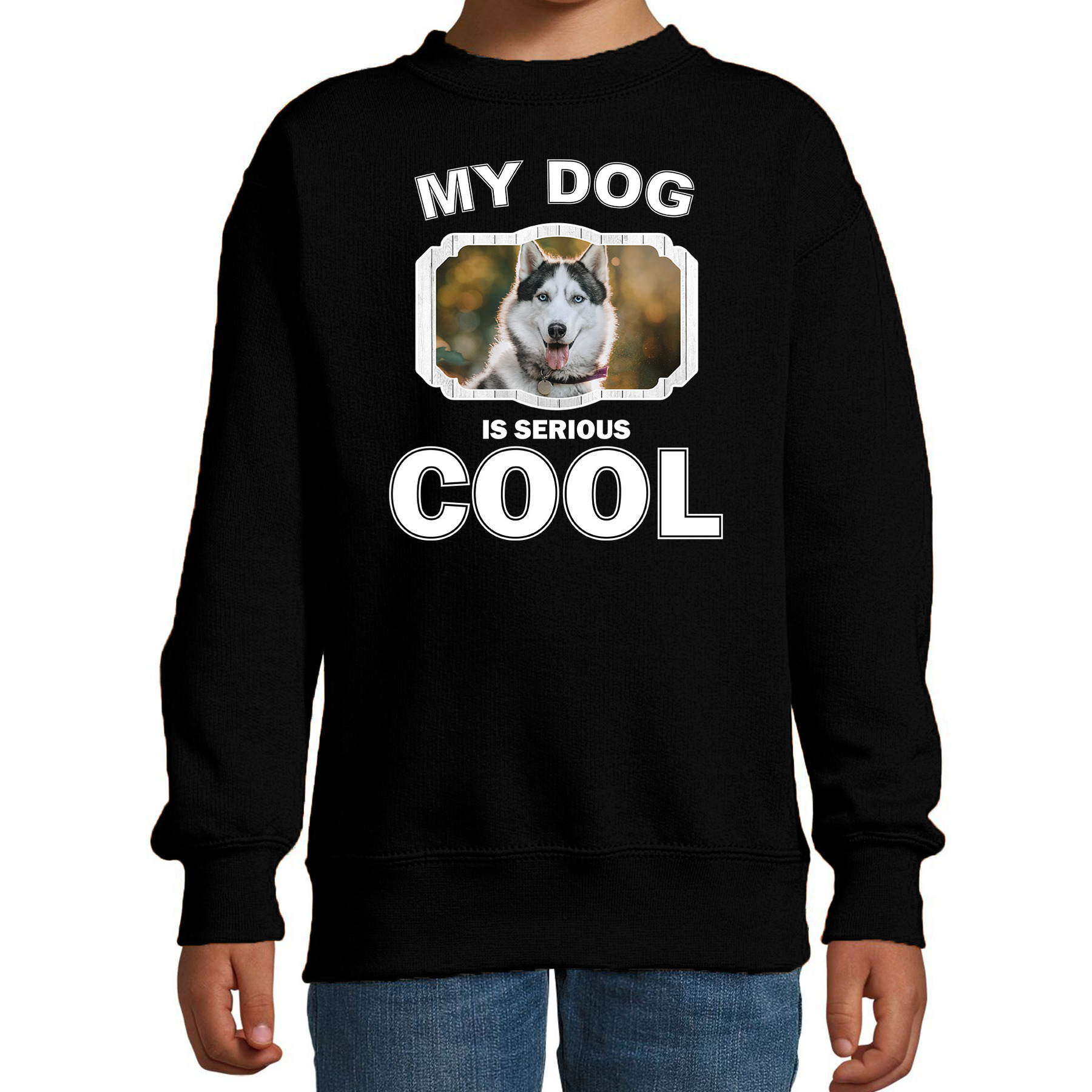 Husky honden trui-sweater my dog is serious cool zwart voor kinderen
