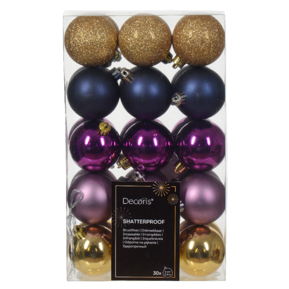 Kerstballen 30x kunststof goud-donkerblauw-paars 6 cm