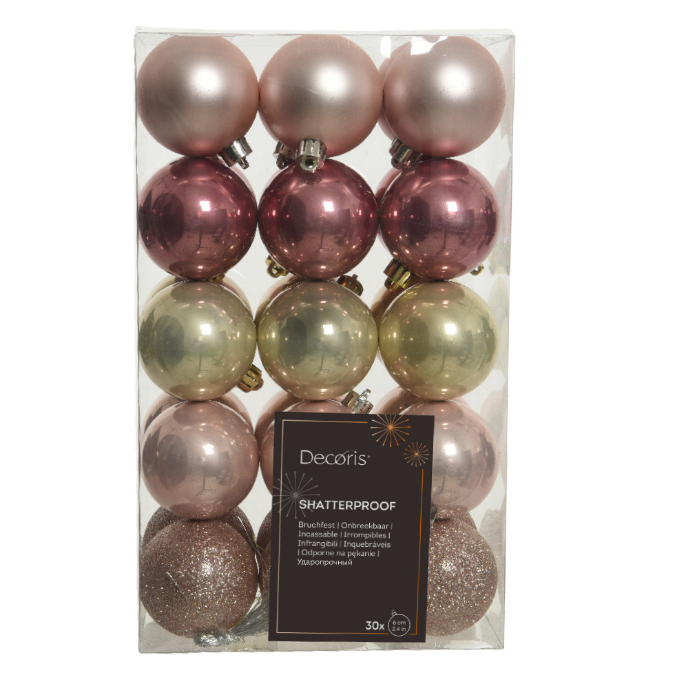 Kerstballen 30x kunststof lichtroze-oudroze-champagne 6 cm