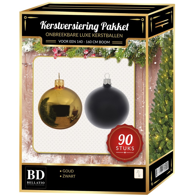 Kerstballen set kunststof 90-delig voor 150 cm boom goud-zwart