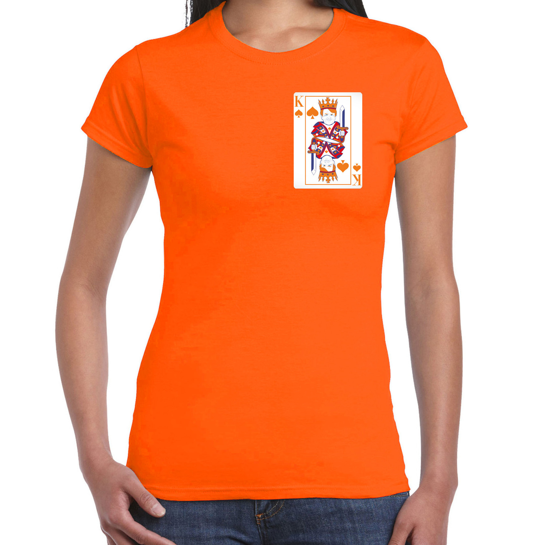 Koningsdag T-shirt voor dames kaarten koning oranje feestkleding