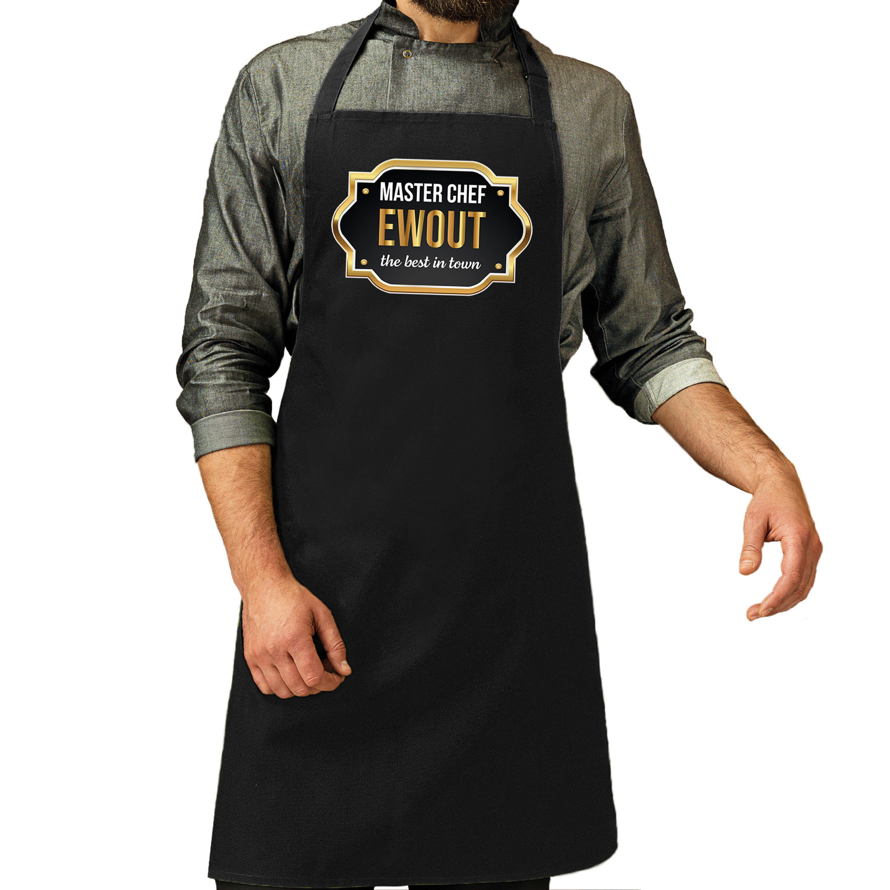 Naam cadeau master chef schort Ewout zwart keukenschort cadeau