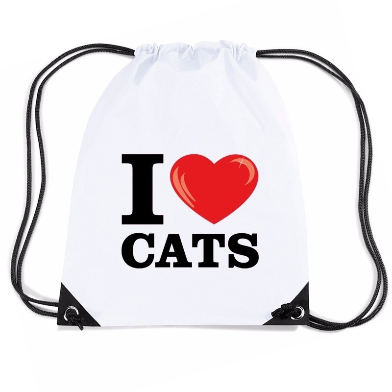 Nylon I love cats- katten- poezen rugzak wit met rijgkoord