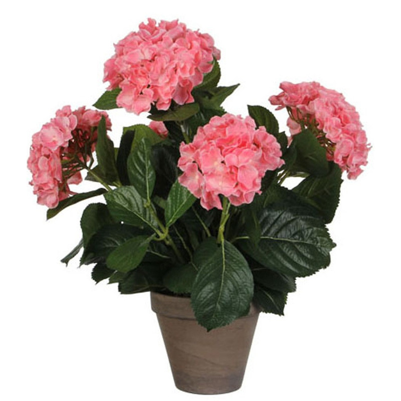 Roze Hydrangea/hortensia kunstplant 45 cm in grijze pot