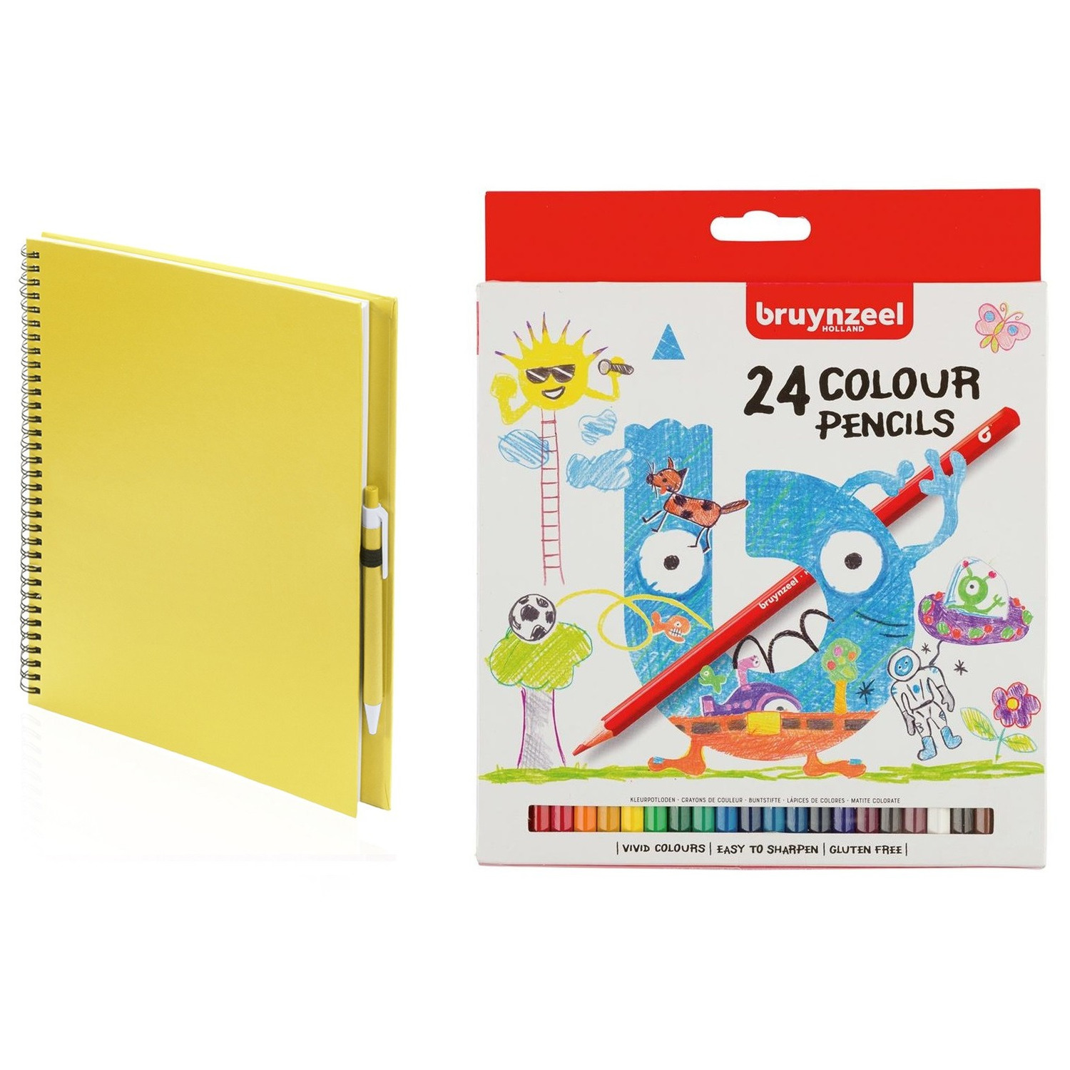 Schetsboek-tekenboek geel met 24 kleurpotloden
