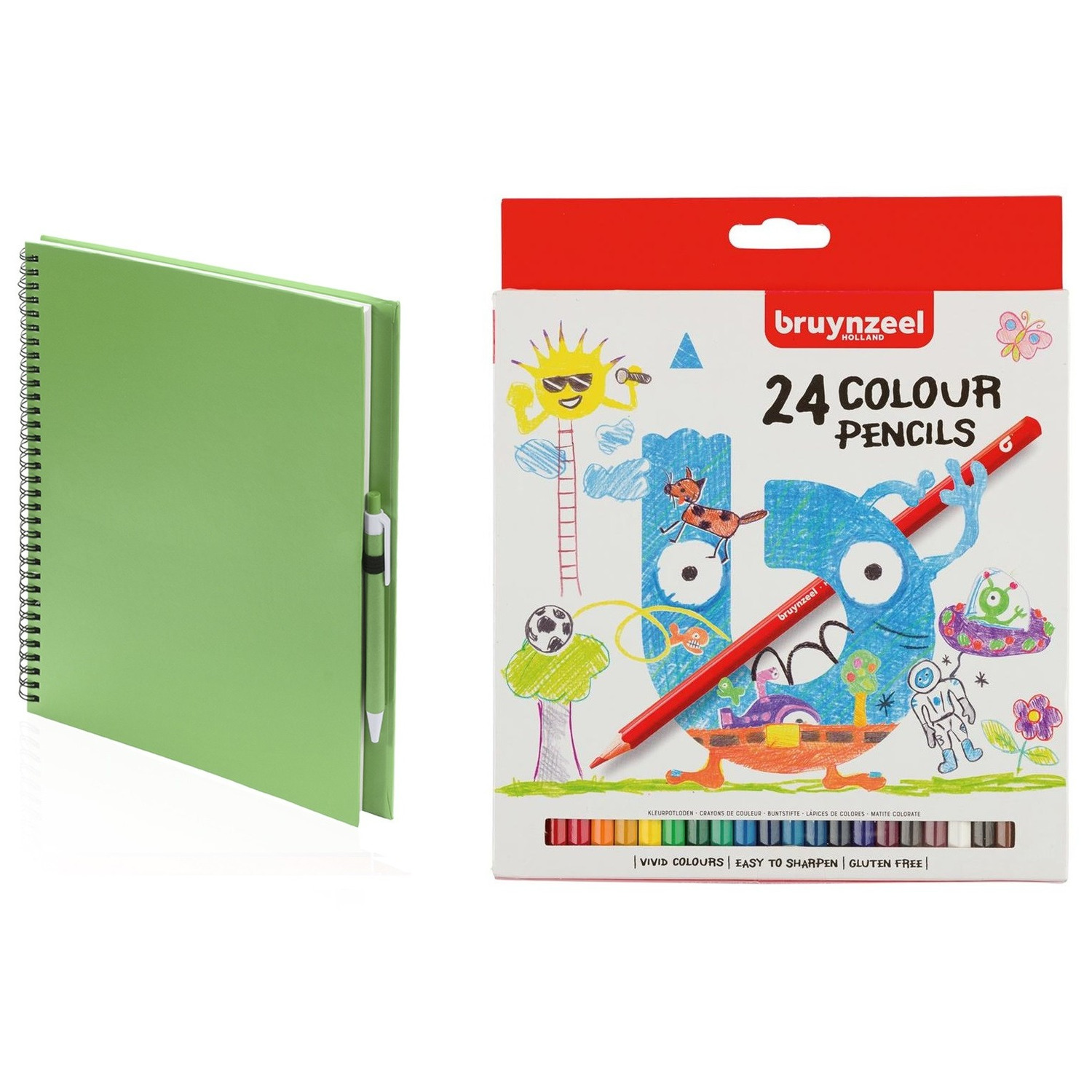Schetsboek-tekenboek groen met 24 kleurpotloden