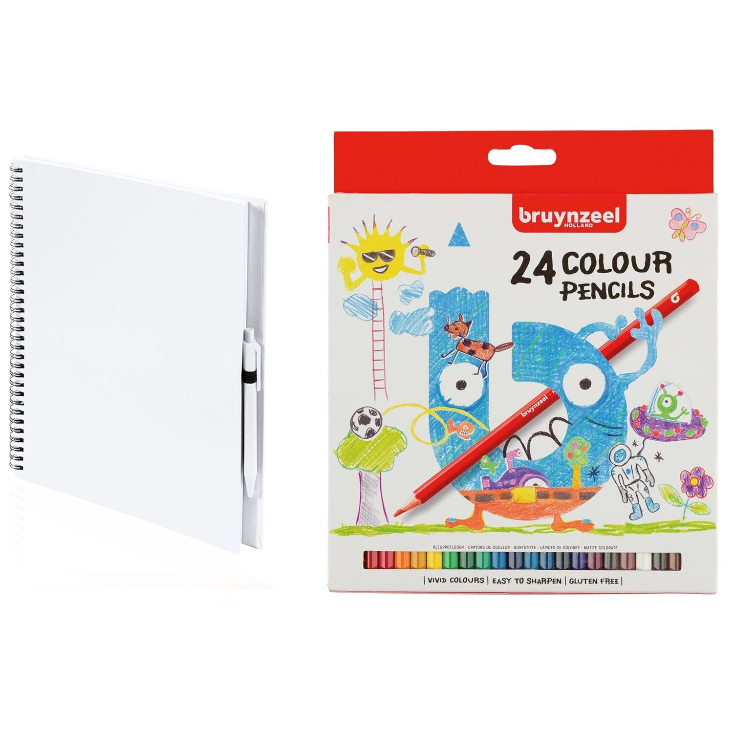 Schetsboek-tekenboek wit met 24 kleurpotloden